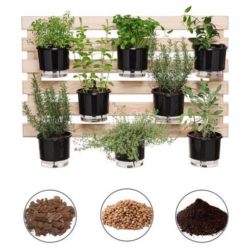 202603 conjunto horta vertical 100x60 8 vasos preto 8 suportes preto substrato argila casca creme