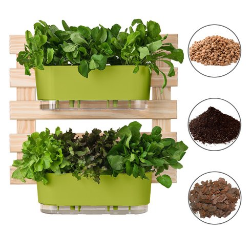 202608 conjunto horta vertical 2jardineiras 2suportes substrato raiz trelica verde claro