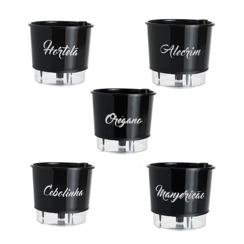 kit gourmet 5 vasos hortela manjericao alecrim oregano cebolinha